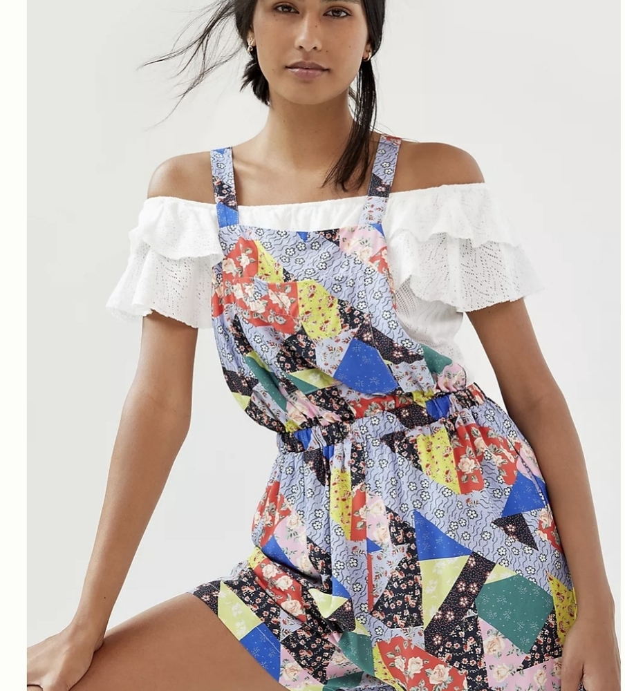 Corey Lynn Calter Floral Patchwork short overalls Anthropologie
